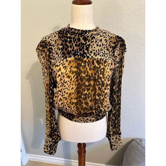 Free People Tops - Free People Leopard Roma Mock Neck Tie Detail Smocked Top Size Small OB1069086